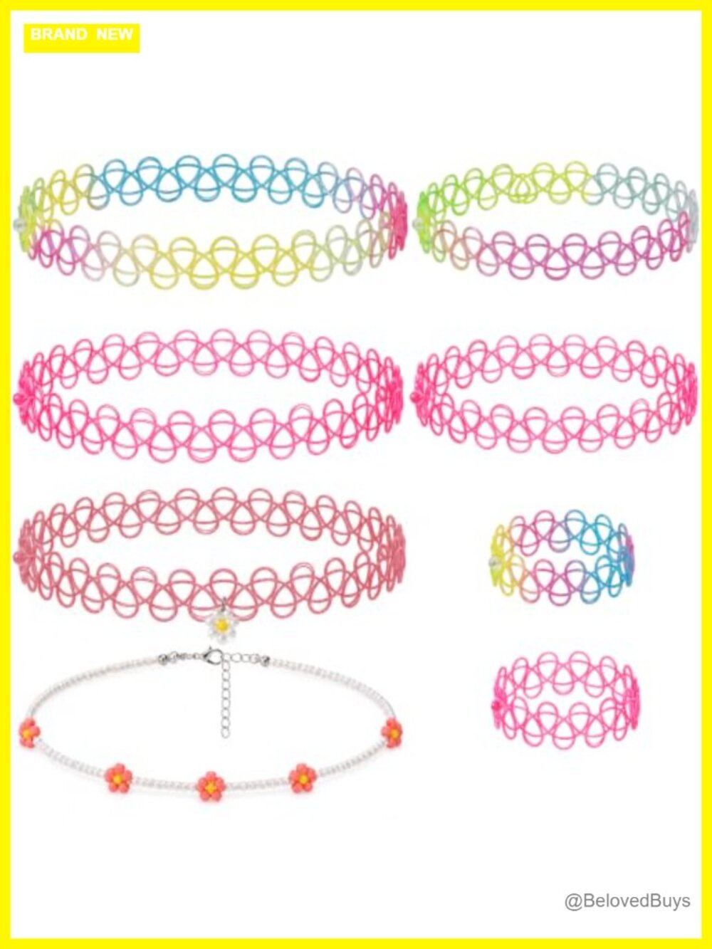 8pc Stretchy Tattoo Choker Necklace Bracelet Ring Set 90s Y2K Punk Jewelry